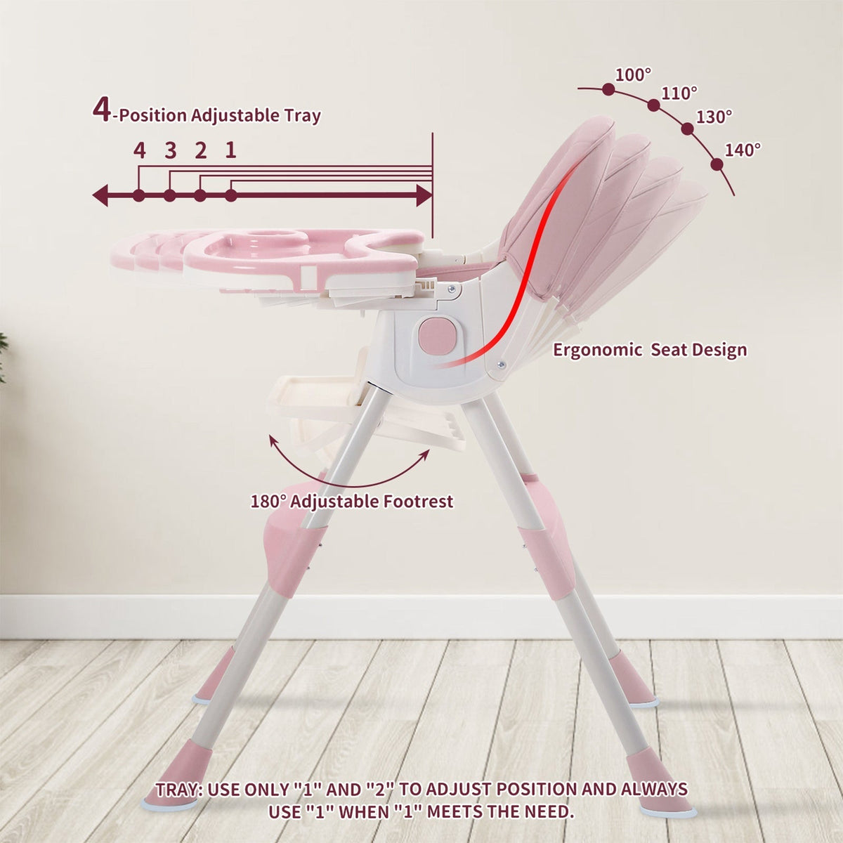 Folding Baby High Chair with an Adjustable Backrest and Feeding Tray for Supervised Mealtimes