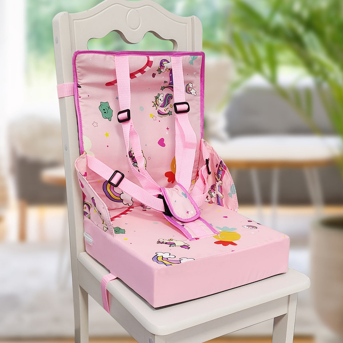 Dining Booster Seat Cushion with an Attached Back Pad and Adjustable Straps in Playful Printed Designs